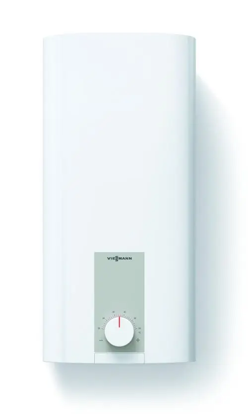 Weißer Durchlauferhitzer von Viessmann mit einem regelbaren Temperaturregler. Das Gerät hat eine schlichte, moderne Form und ist für die Wandmontage konzipiert.